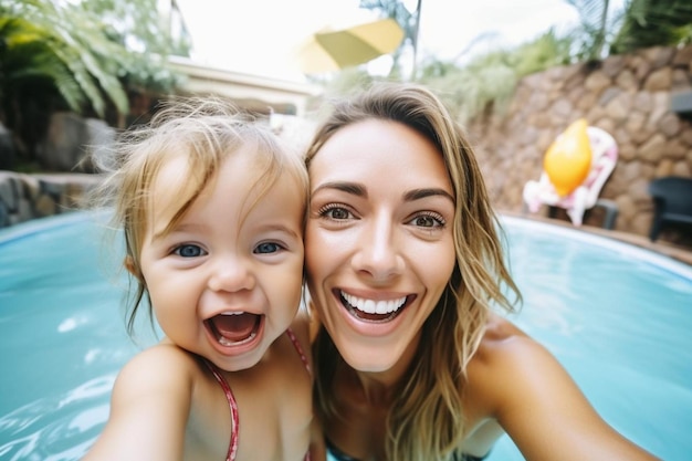 Foto mãe com filha a divertir-se na piscina