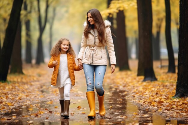 Mãe com filha caminhando no parque na chuva usando botas de borracha