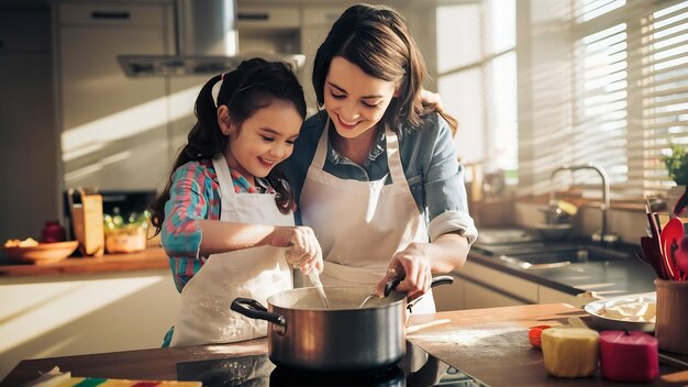 Mãe com filha cozinhando juntos na cozinha