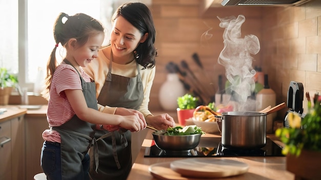 Mãe com filha cozinhando juntos na cozinha