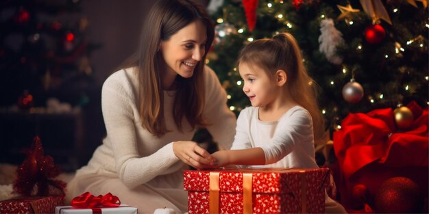 mãe com filha desempacotando presente