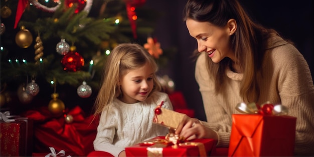 mãe com filha desempacotando presente