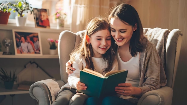 Mãe com filha em casa