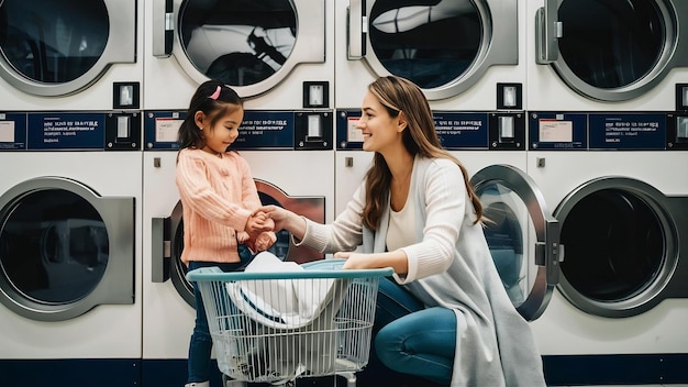 Mãe com filha fazendo roupa na lavandaria de autoatendimento