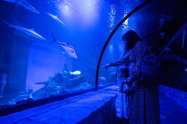 Mãe com filha olhando para peixes no oceanário