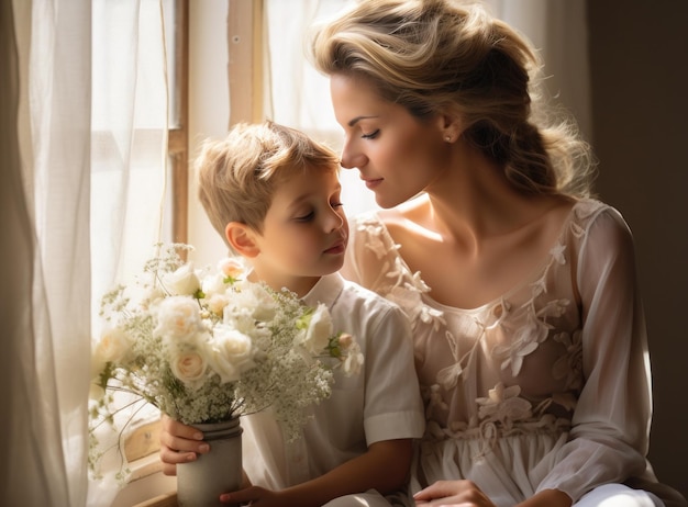 Mãe com filho com flores