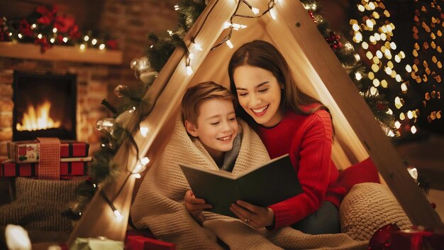 Foto mãe com filho sentado em uma tenda aconchegante com luzes em casa no natal