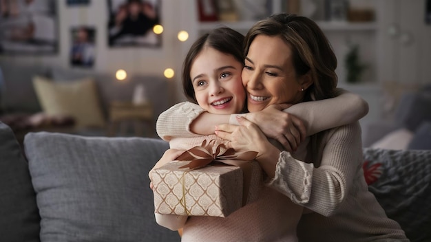 Mãe com presente abraçando mulher