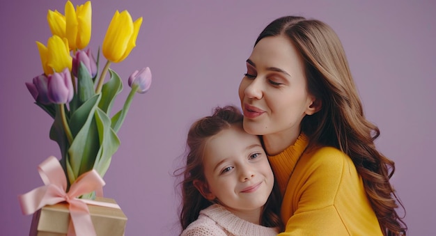 Mãe com sua criança tulipas amarelas e caixa de presentes