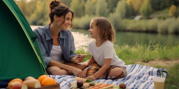 mãe com sua filha piquenique