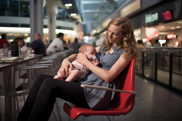 Mãe com um bebê em um ambiente público