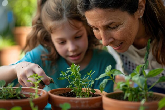 Mãe com uma menina plantando ervas no quintal