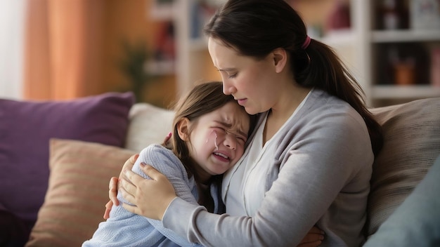 Mãe conforta sua filha chorando em casa