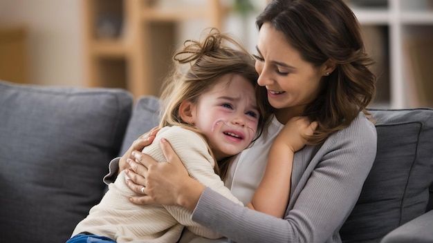 Mãe conforta sua filha chorando em casa