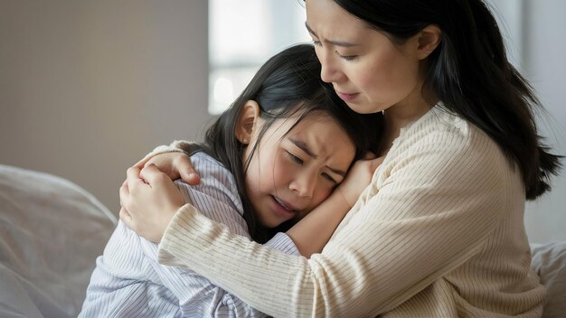 Mãe confortando filha triste