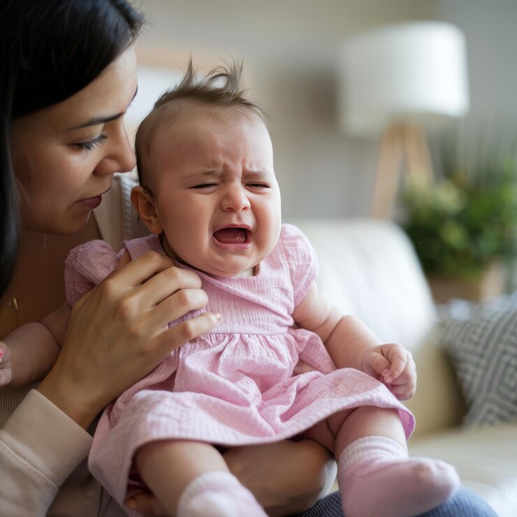 Foto mãe consola bebê chorando em casa em close-up