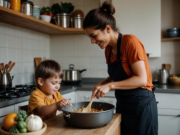 Foto mãe cozinhando com o filho