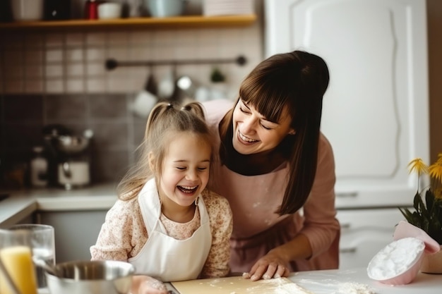 Mãe cozinhando com sua filha com síndrome de Down na cozinha generativa ai
