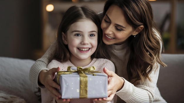 Mãe dando um presente à filha