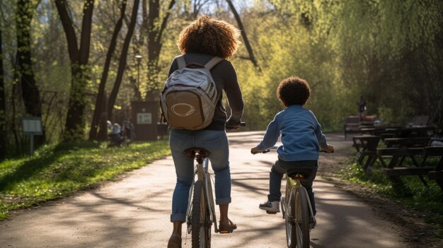 mãe de cabelos cacheados com seu filho anda de bicicleta no parque