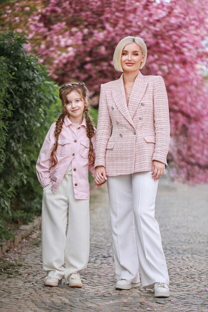 Mãe de família e filhos na rua da cidade de primavera com flores de cerejeiras japonesas rosa