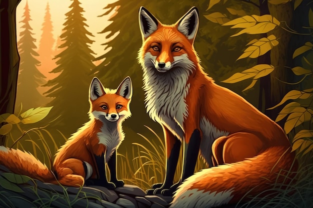 Mãe de raposa vermelha com seu filho