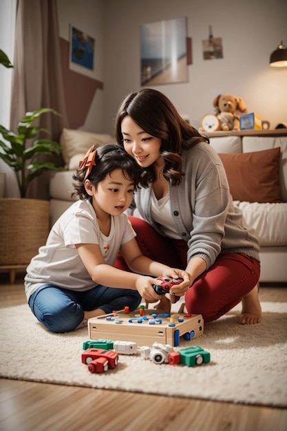 Mãe de tiro médio e criança jogando jogo