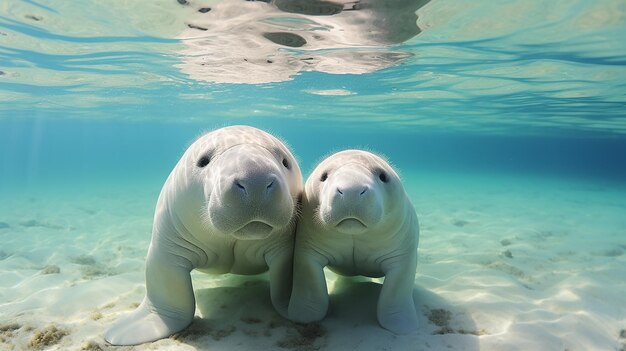 Foto mãe dugong ensina bebê dugong a nadar