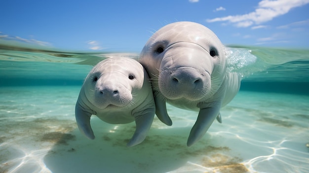 Mãe Dugong ensina bebê Dugong a nadar