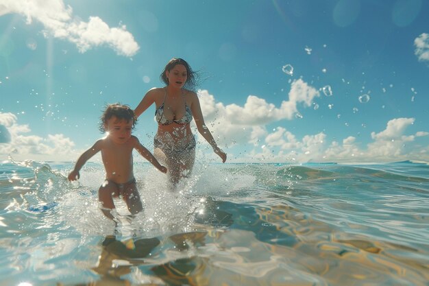 Mãe e bebé a brincar nas ondas rasas.