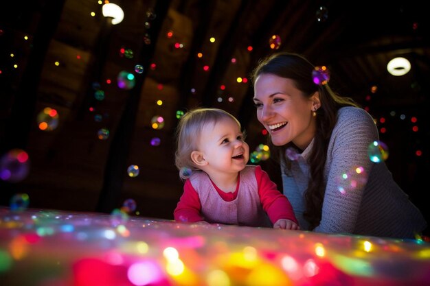 Foto mãe e bebé assistindo a bolhas sensoriais de bebé