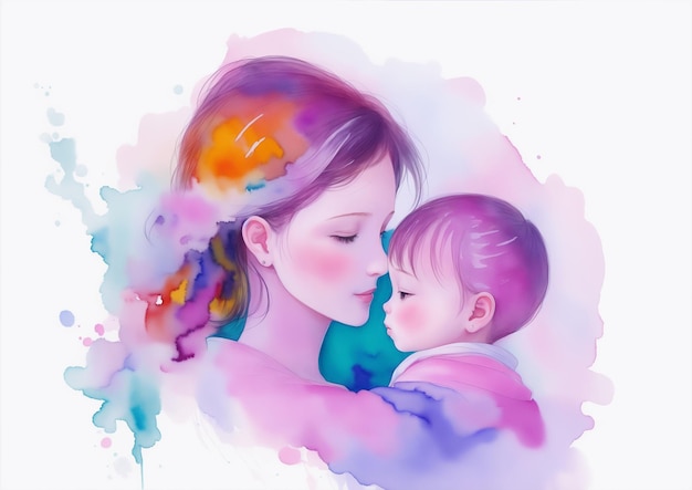 Mãe e bebê em salpicos de aquarela Conceito de família feliz