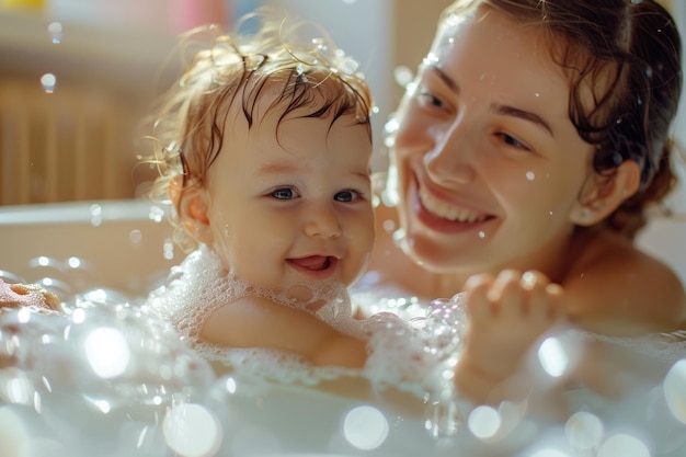 Foto mãe e bebê felizes amarrando mamãe e bebê tomando um banho em sabão