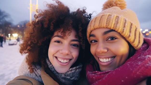 Foto mãe e bebê felizes capturando um momento de selfie alegre em roupas de inverno