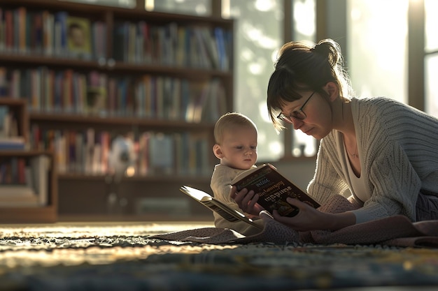 Mãe e bebê gostando de contar histórias na biblioteca