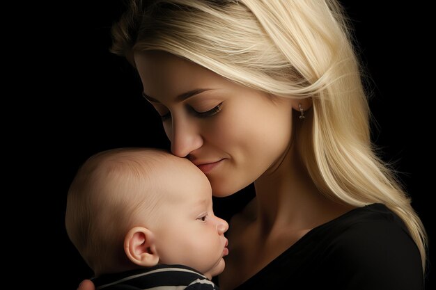 Foto mãe e bebê recém-nascido em um abraço caloroso contra um fundo suavemente iluminado