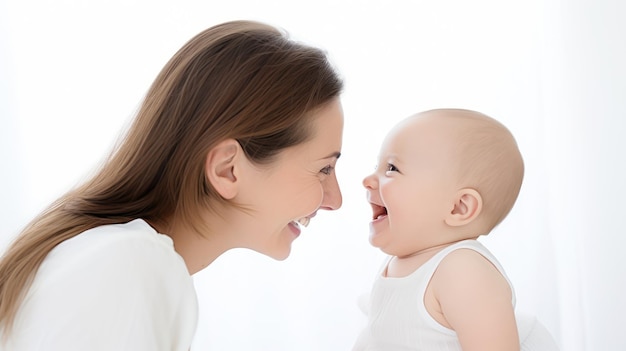 Mãe e bebê rindo em fundo branco