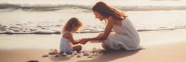 Mãe e filha a brincar na praia.