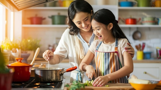 Mãe e filha a cozinhar na cozinha