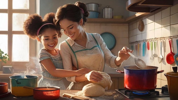 Mãe e filha a cozinhar na cozinha