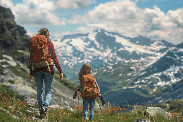 Mãe e filha a desfrutar de uma caminhada panorâmica no