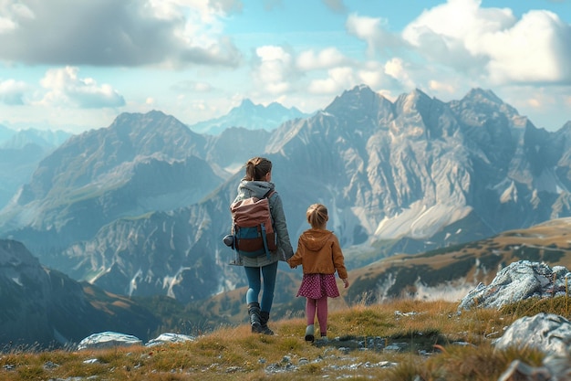 Mãe e filha a desfrutar de uma caminhada panorâmica no