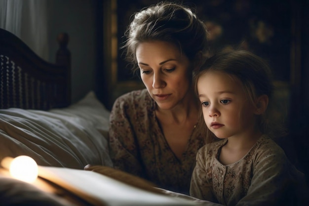 Foto mãe e filha a desfrutar de uma história para dormir juntos.