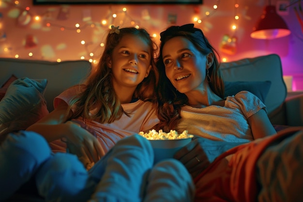 Foto mãe e filha a desfrutar de uma noite de cinema com o po.