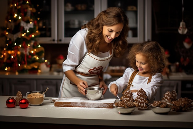 Foto mãe e filha a fazer pão de gengibre para o jantar de natal.