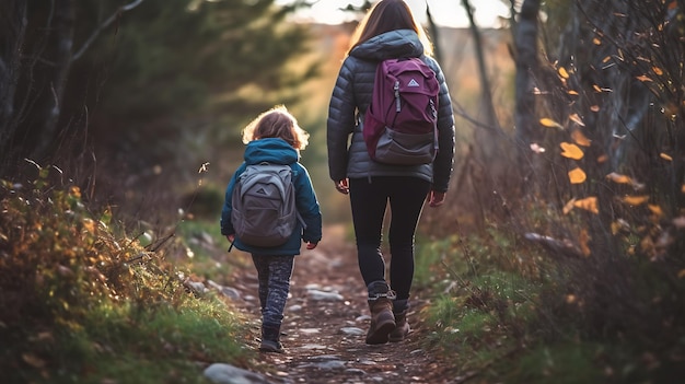 Mãe e filha a fazer uma caminhada nas montanhas no outono. Criado com tecnologia de IA generativa.