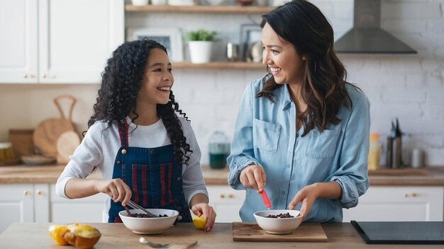 Mãe e filha a preparar o pequeno-almoço.