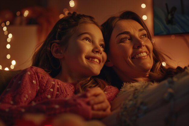 Foto mãe e filha a ver um filme cheio de risos.