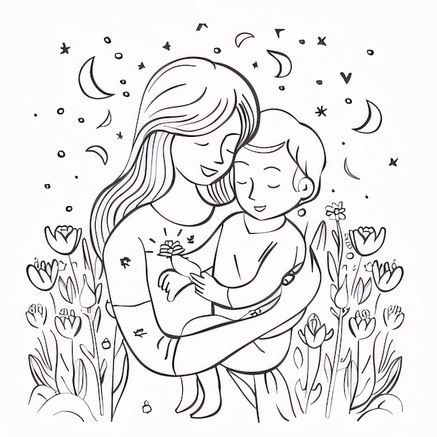 Foto mãe e filha abraçadas no jardim ilustração vetorial livro de colorir