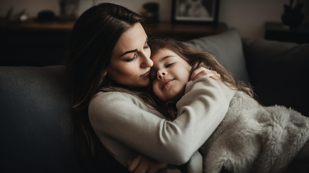 Mãe e filha abraçadas no sofá